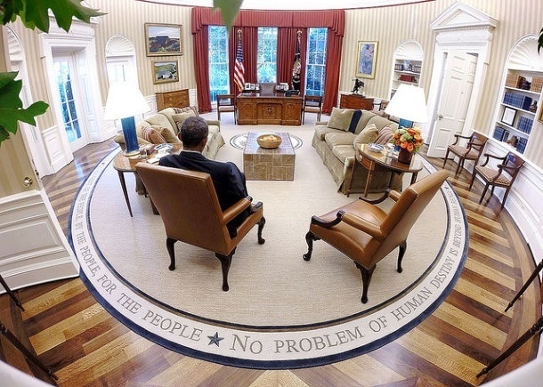 President Barack Obama in his redecorated Oval Office (Photo credit: The White House)