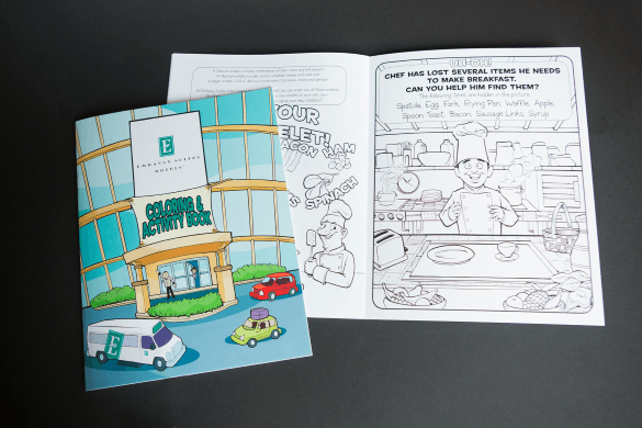 Coloring books given to children at check-in at Embassy Suites