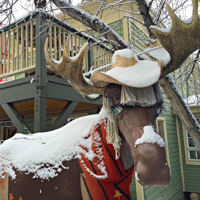 Loosey the Moosey on Main Street in winter in Park City, Utah