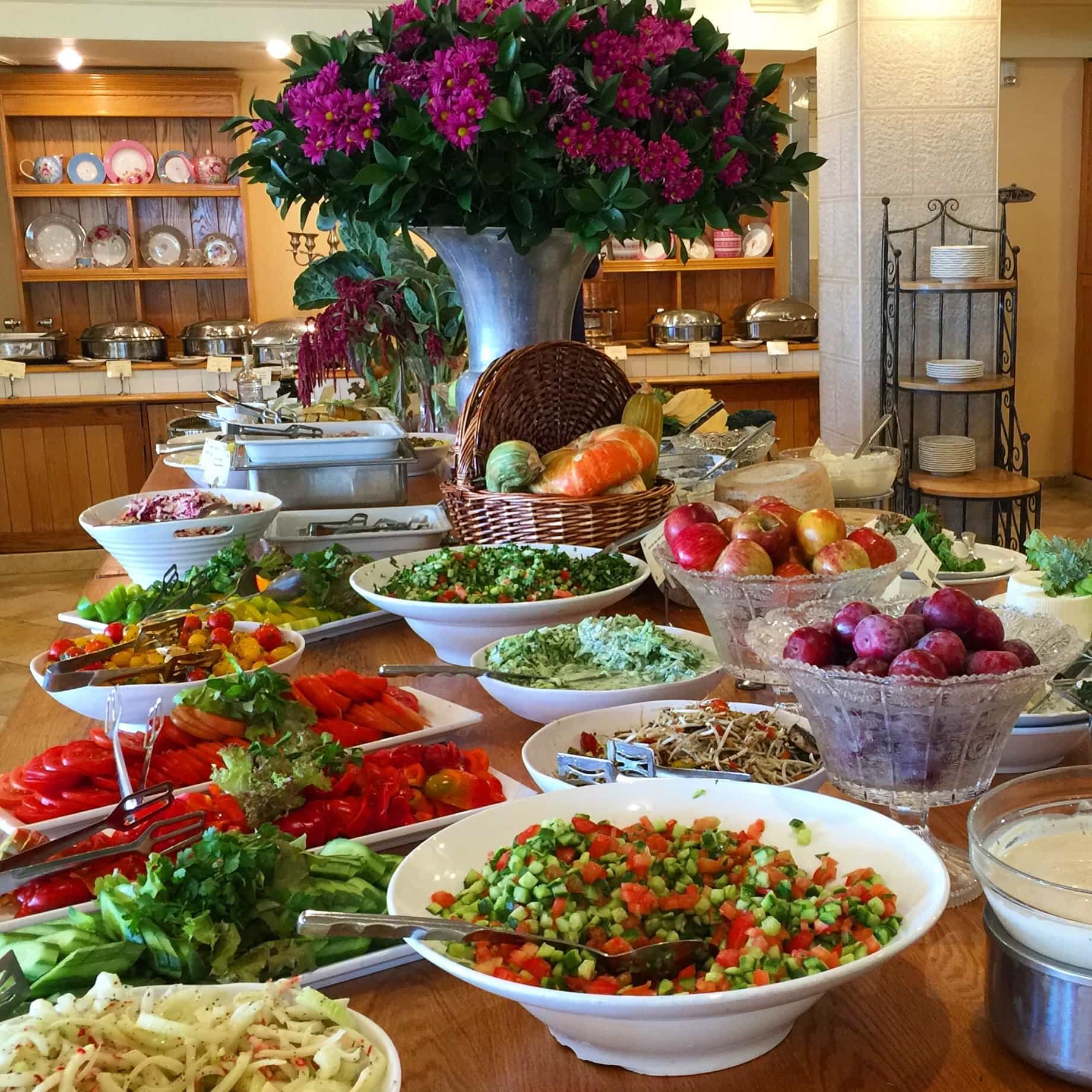 Gorgeous salads at the breakfast buffet at Mitzpe Hayamim, a spa hotel with its own organic farm in Rosh Pinna, Israel