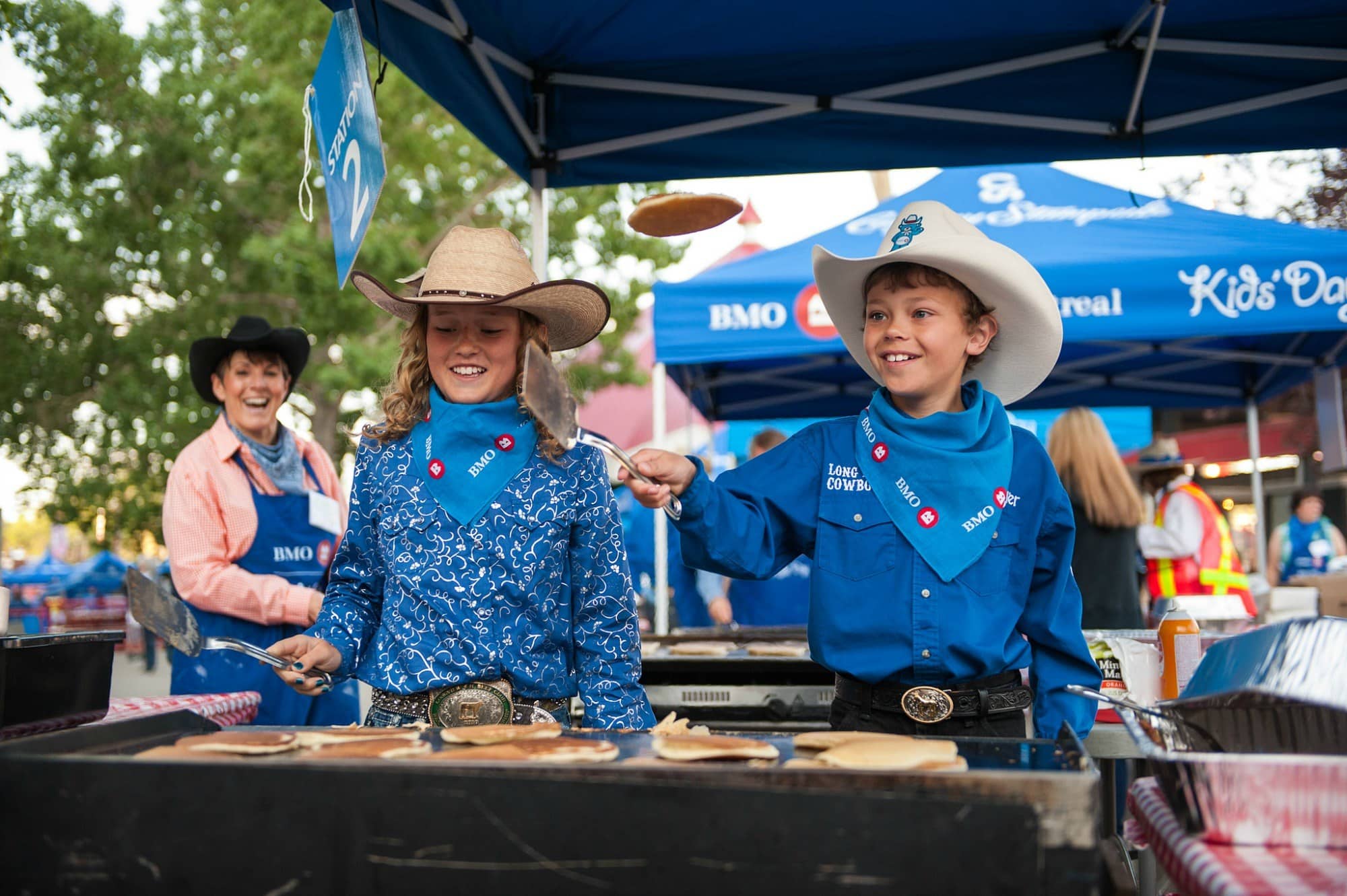 Pancake breakfast at Calgary Stampede with kids