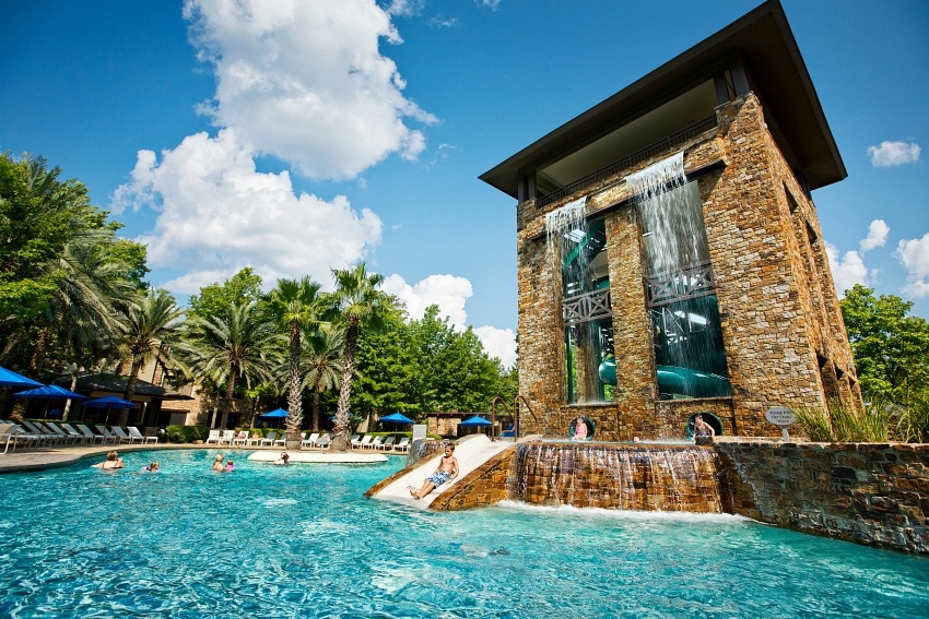 Double-helix waterslides, part of the Forest Oasis Waterscape at the Woodlands Resort in Texas