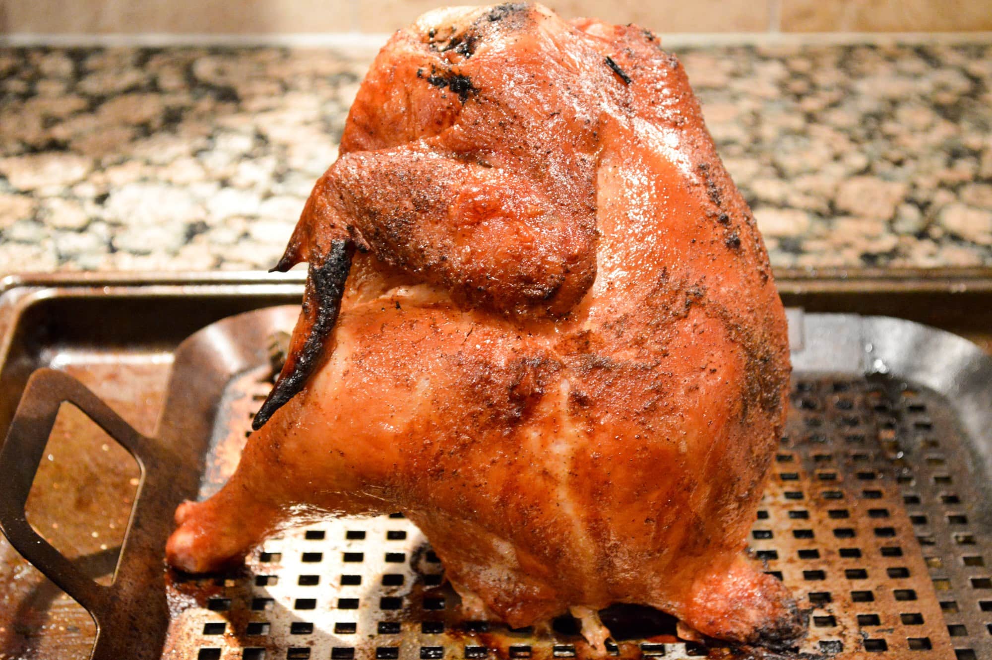 Beer can chicken made on a Traeger electric smoker