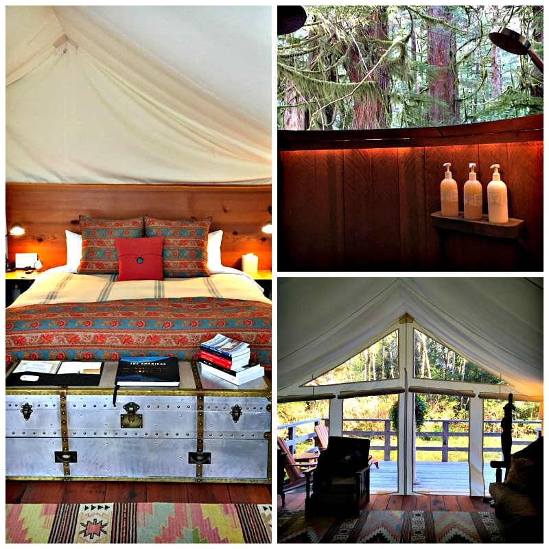 Luxe amenities inside each tent at Clayoquot Wilderness Resort, including an outdoor shower!