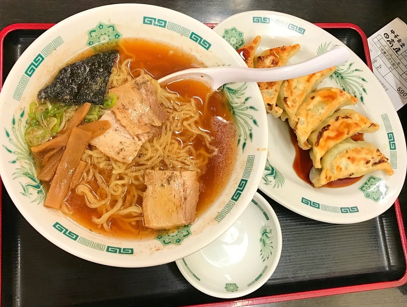 Ramen and gyoza (meat-filled dumplings) at a ramen shop in Tokyo 