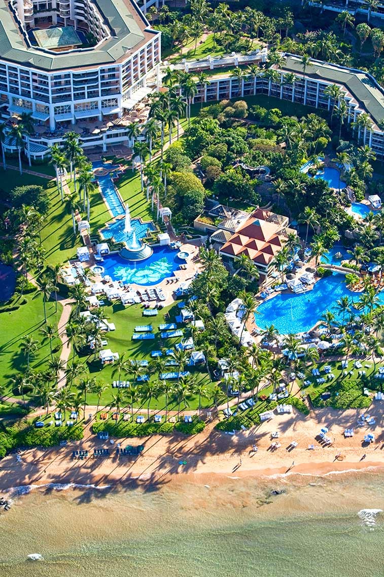 Aerial view of Grand Wailea's extensive pool offerings ~ Best Hotel Pools in Hawaii for Famlies