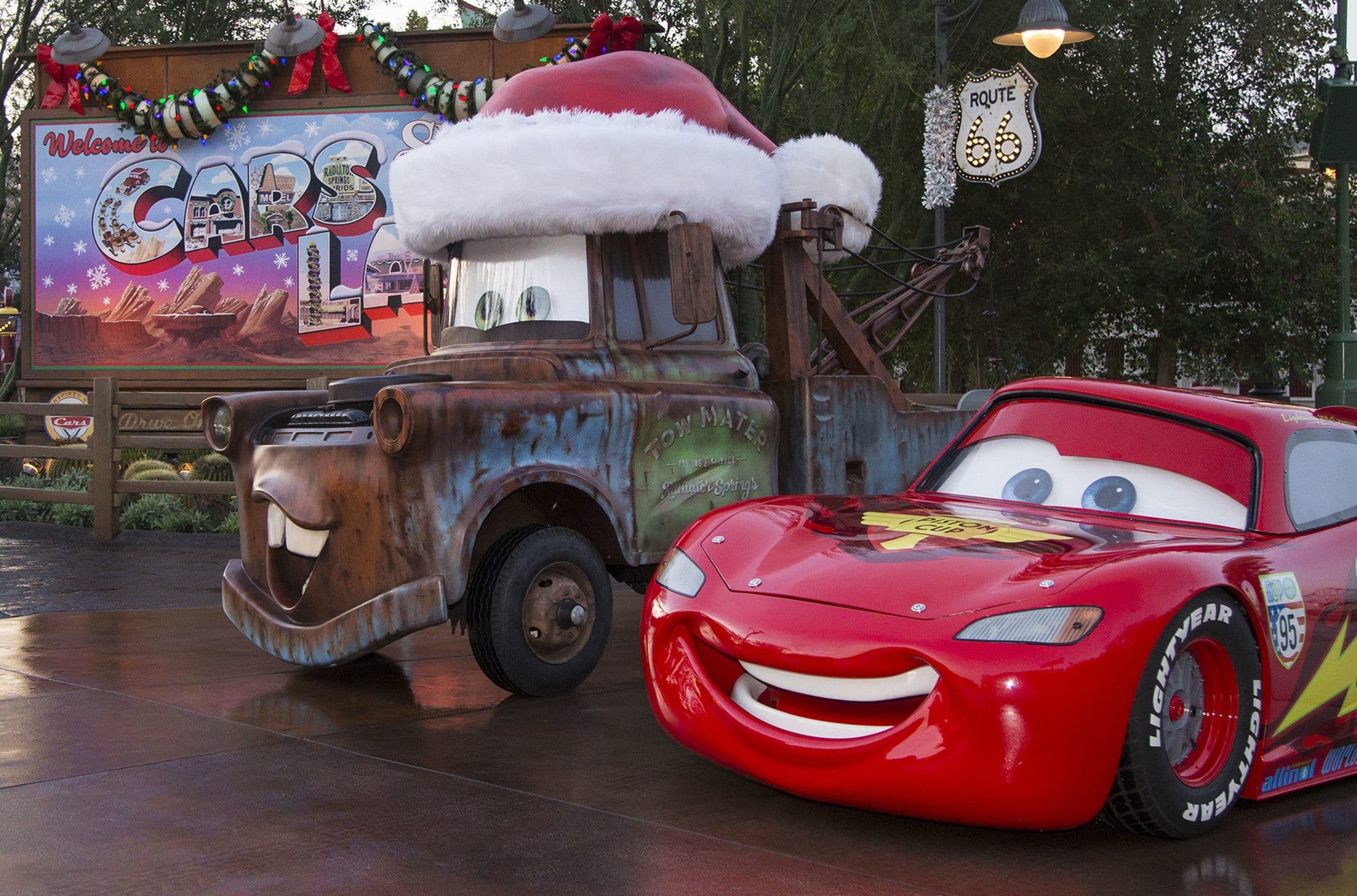 Even Tow Mater is decked out for the Disneyland holiday season