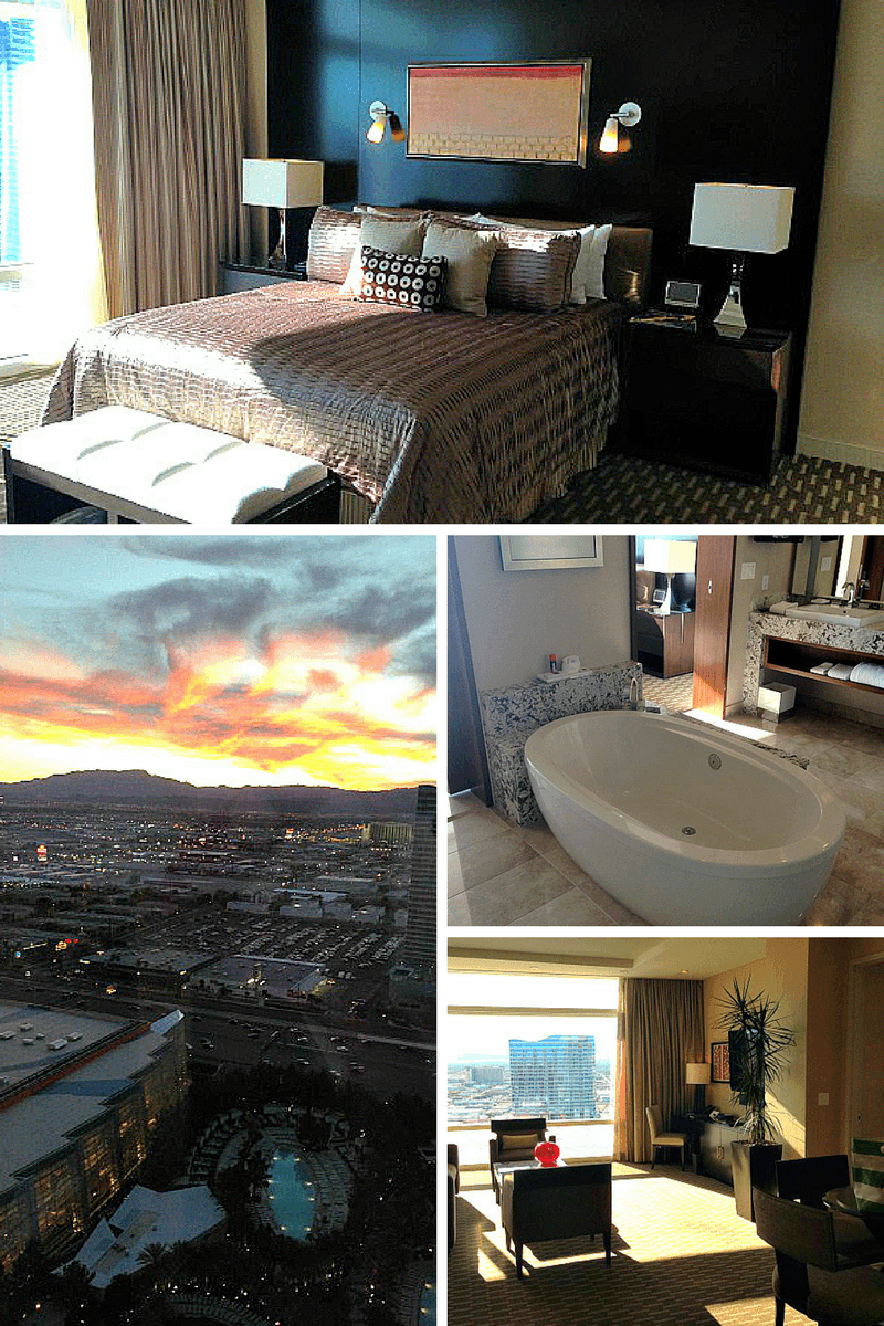 Aria Sky Suite bedroom, bath tub, living area and sunset view 