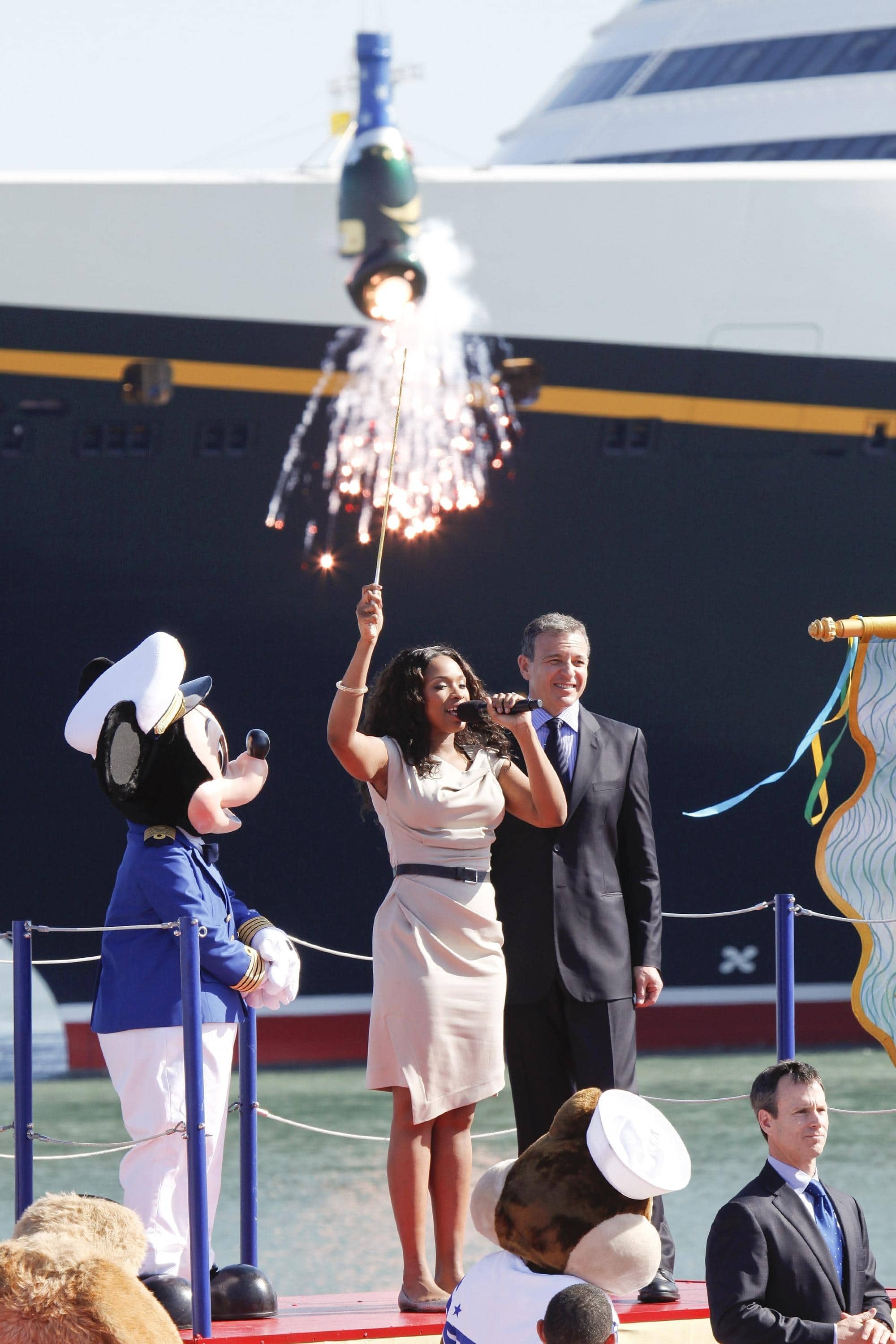 Mickey Mouse, Disney Dream Fairy Godmother Jennifer Hudson and Disney CEO Bob Iger at Disney Dream christening ceremony