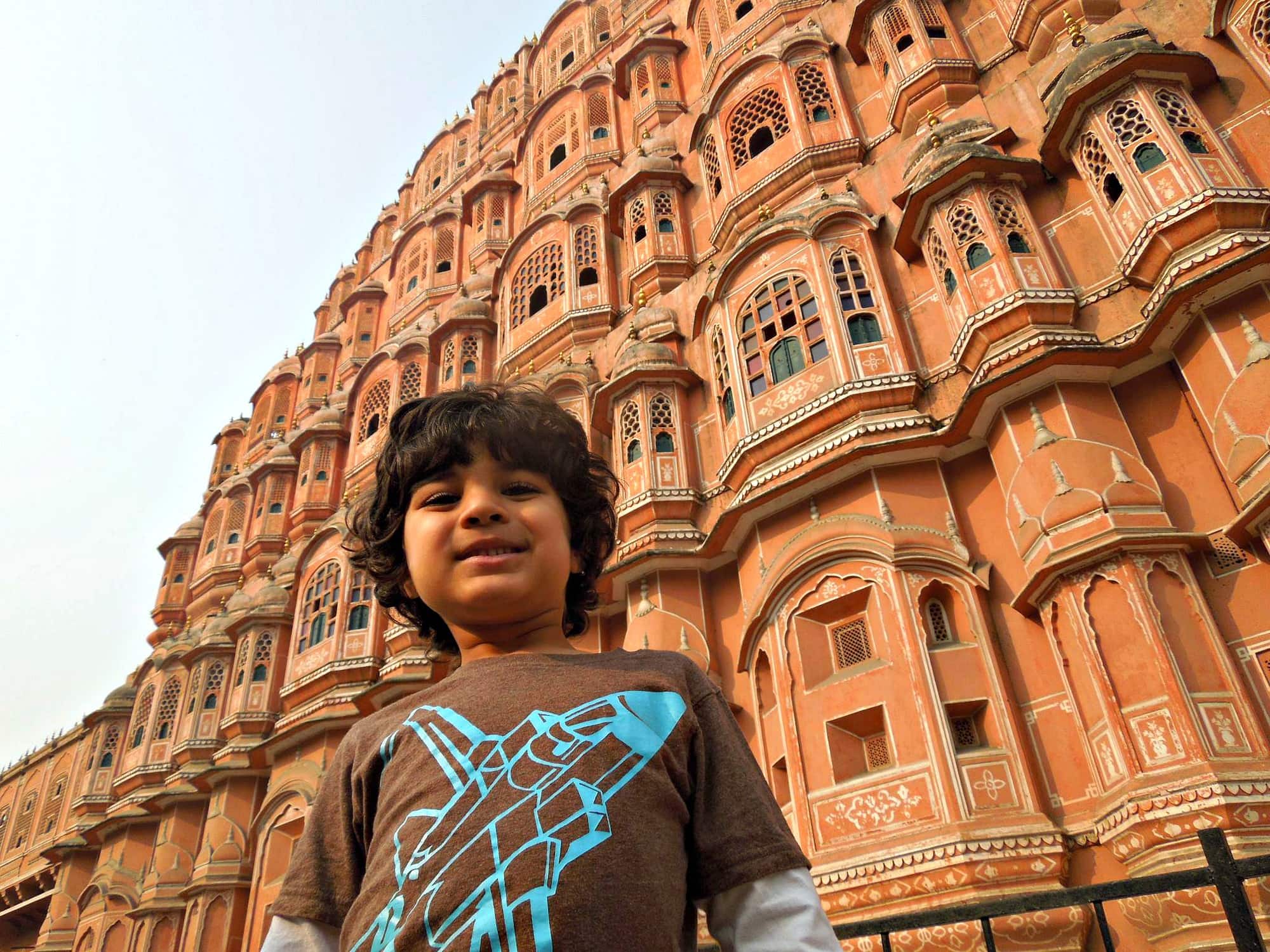 Hawa Mahal (Palace of the Winds) in India with children