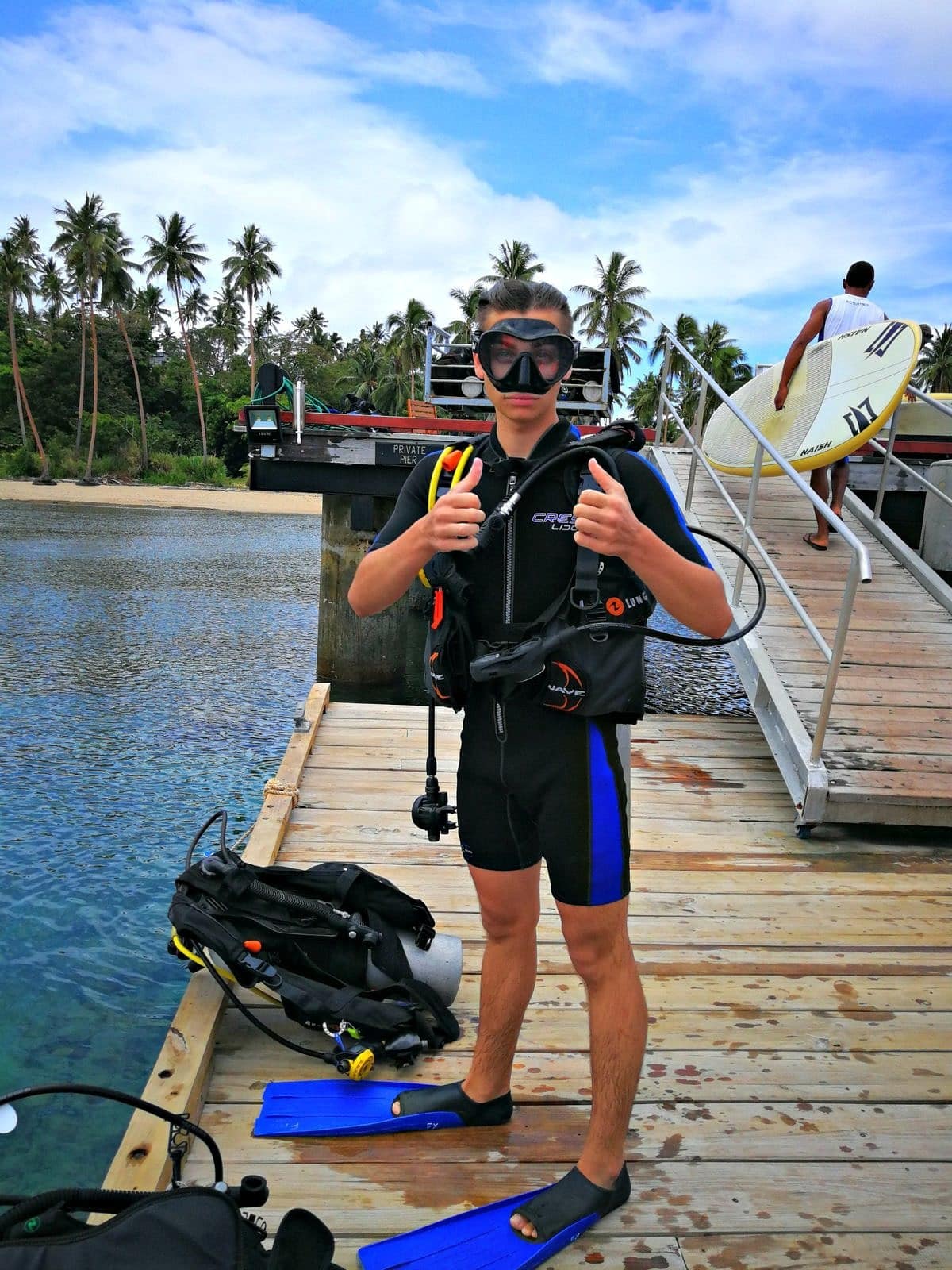 Learning the art and science of scuba diving at Cousteau Dive Centre in Fiji with kids