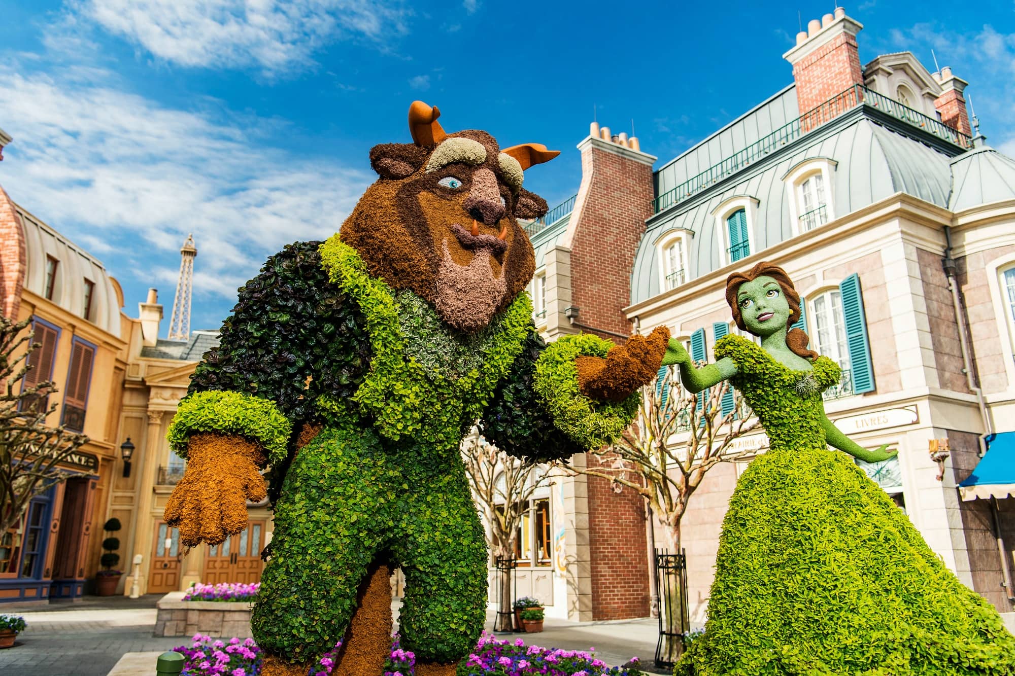 Beauty and the Beast topiaries in the France pavilion during the Epcot International Flower & Garden Festival 