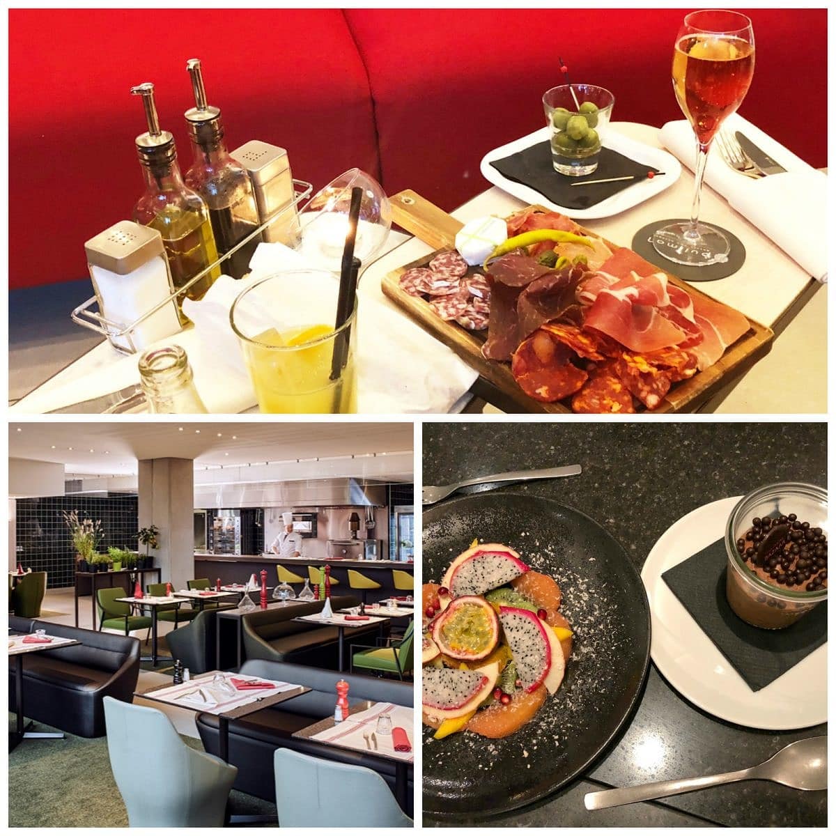 Charcuterie and drinks with kids in the lobby bar; Culinaire Bazaar; Children's desserts at the restaurant at Pullman Charles de Gaulle with kids