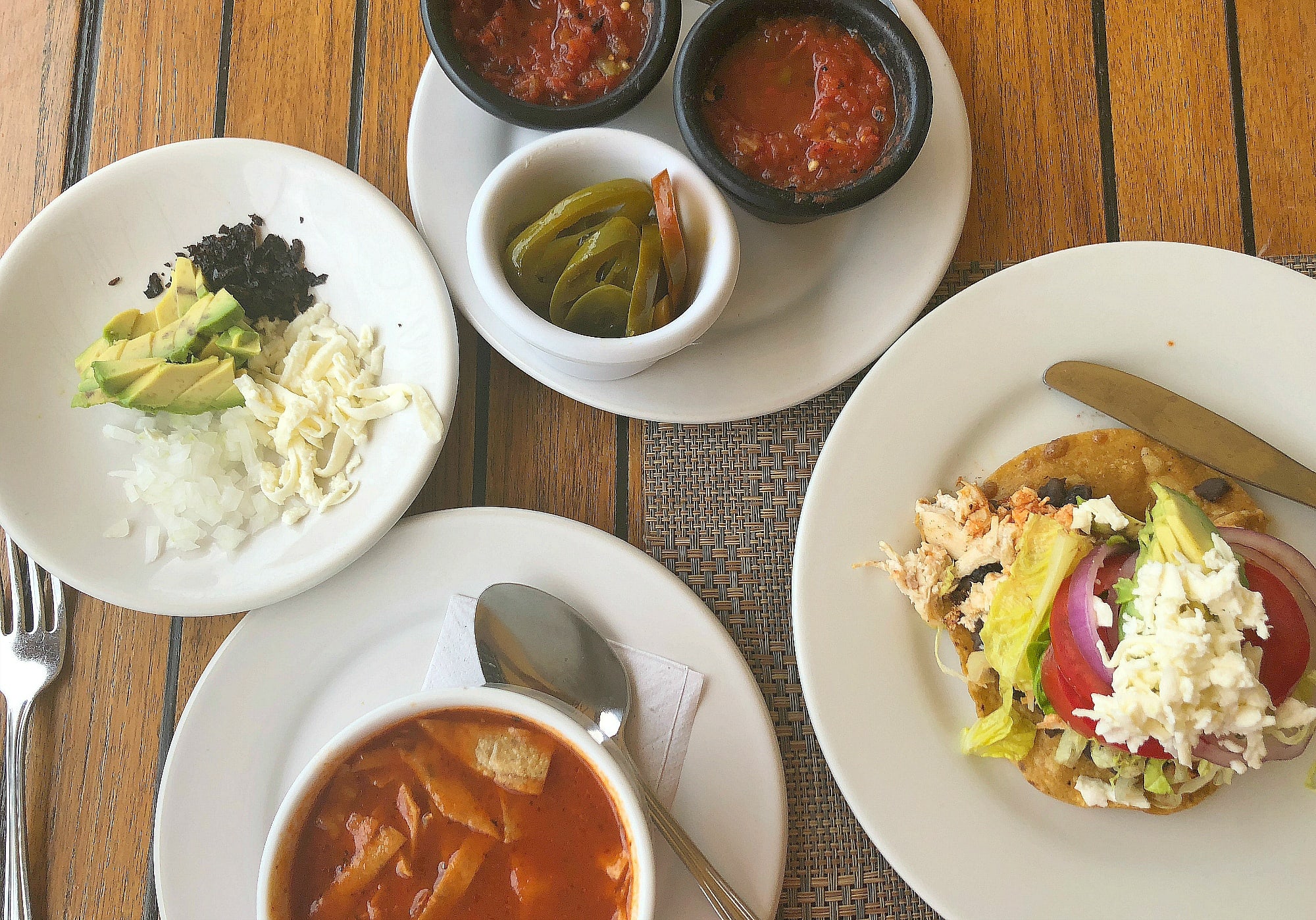 Azteca (tortilla) soup with all the fixings plus a chicken tostada at El Pegaso