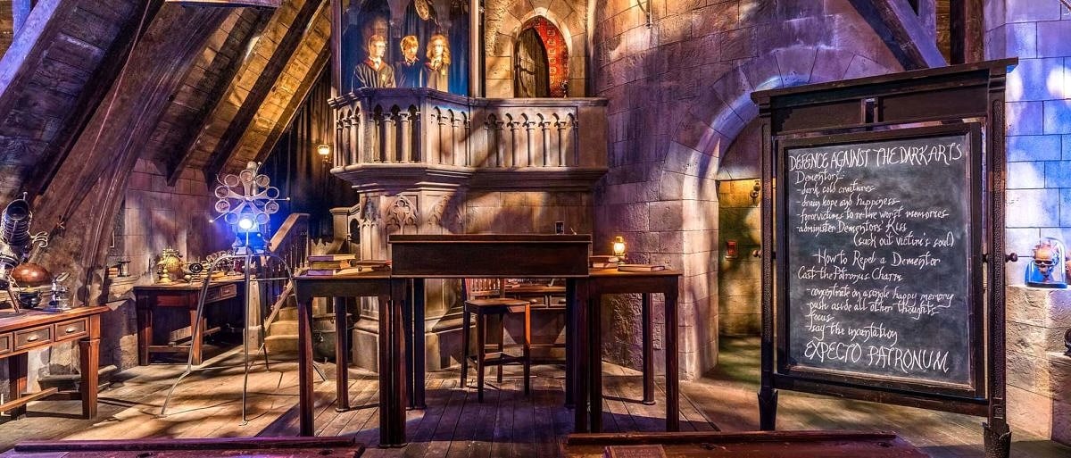 Wander past the Defense Against the Dark Arts classroom while waiting in line for Harry Potter and the Forbidden Journey