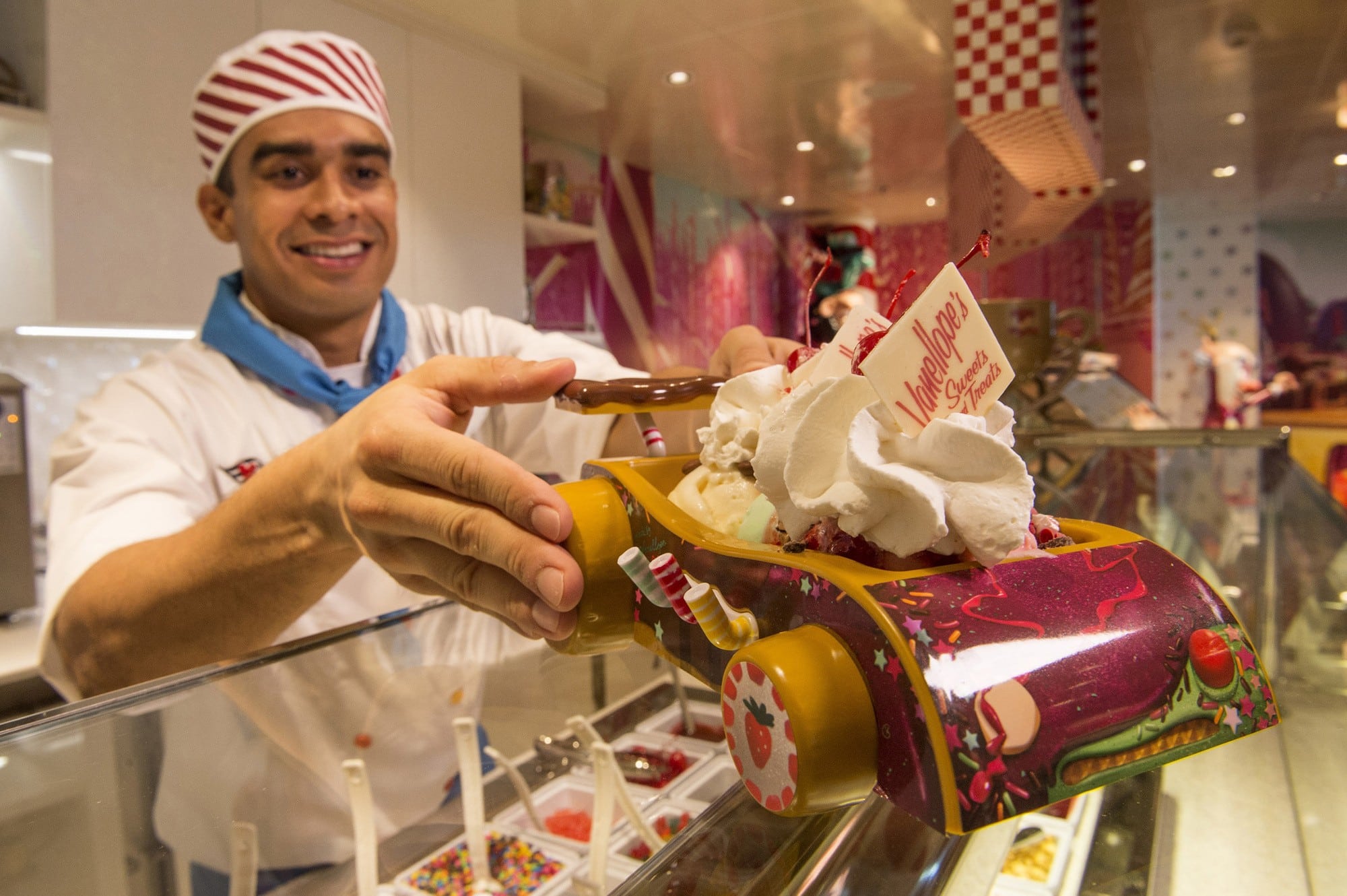 Vanellope Von Schweetz’s Race Kart Sundae, served in Vanellope’s very own race car on Disney Dream with kids