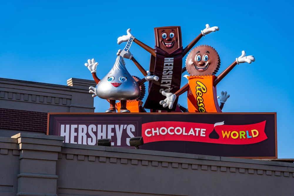 Hershey's candy characters greet visitors from the roof of Chocolate World in Hershey, Pennsylvania