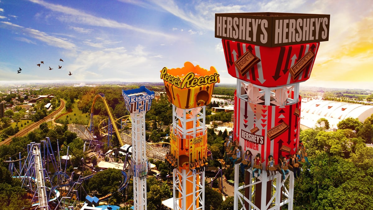 The Hershey Triple Tower thrill ride at Hershey Park 