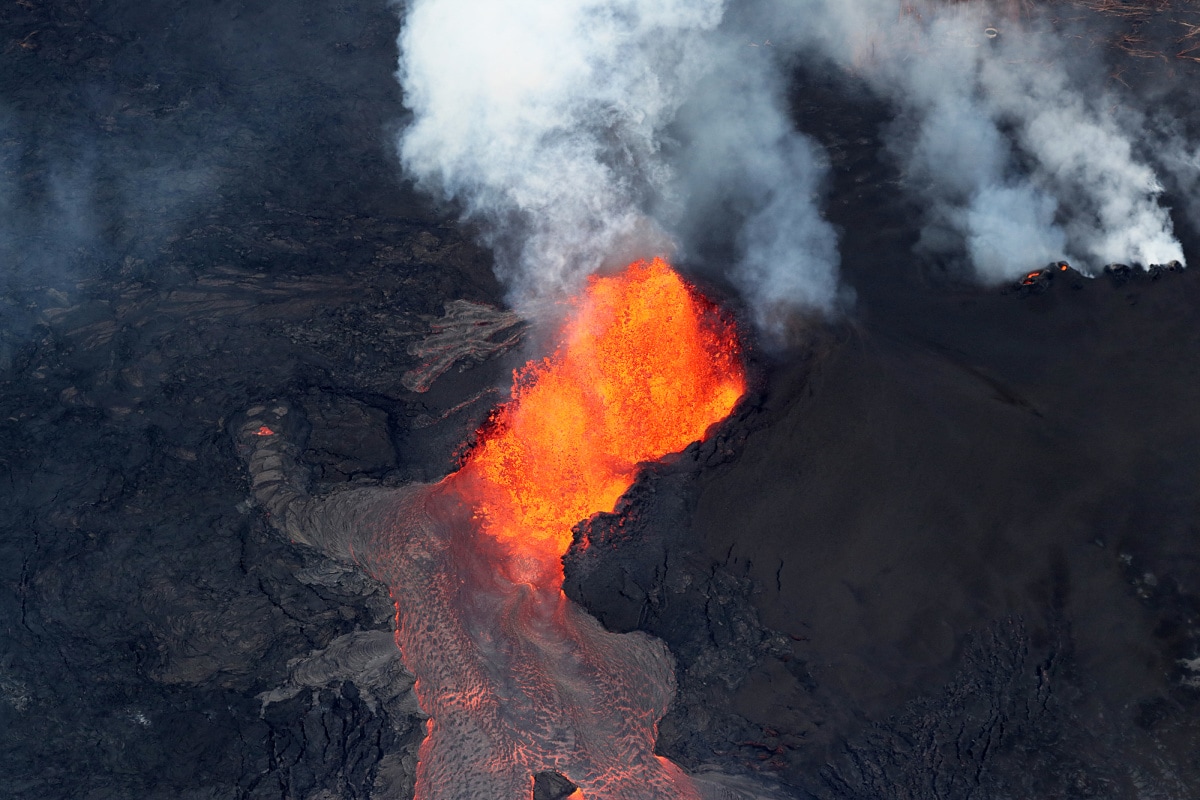 Hawaii Volcanoes National Park aerial view of lava