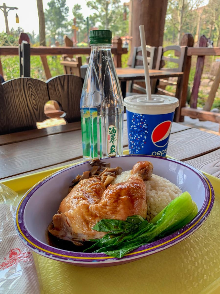 Roasted chicken with rice and bok choy at Tangled Tree Tavern in Shanghai Disneyland Fantasyland