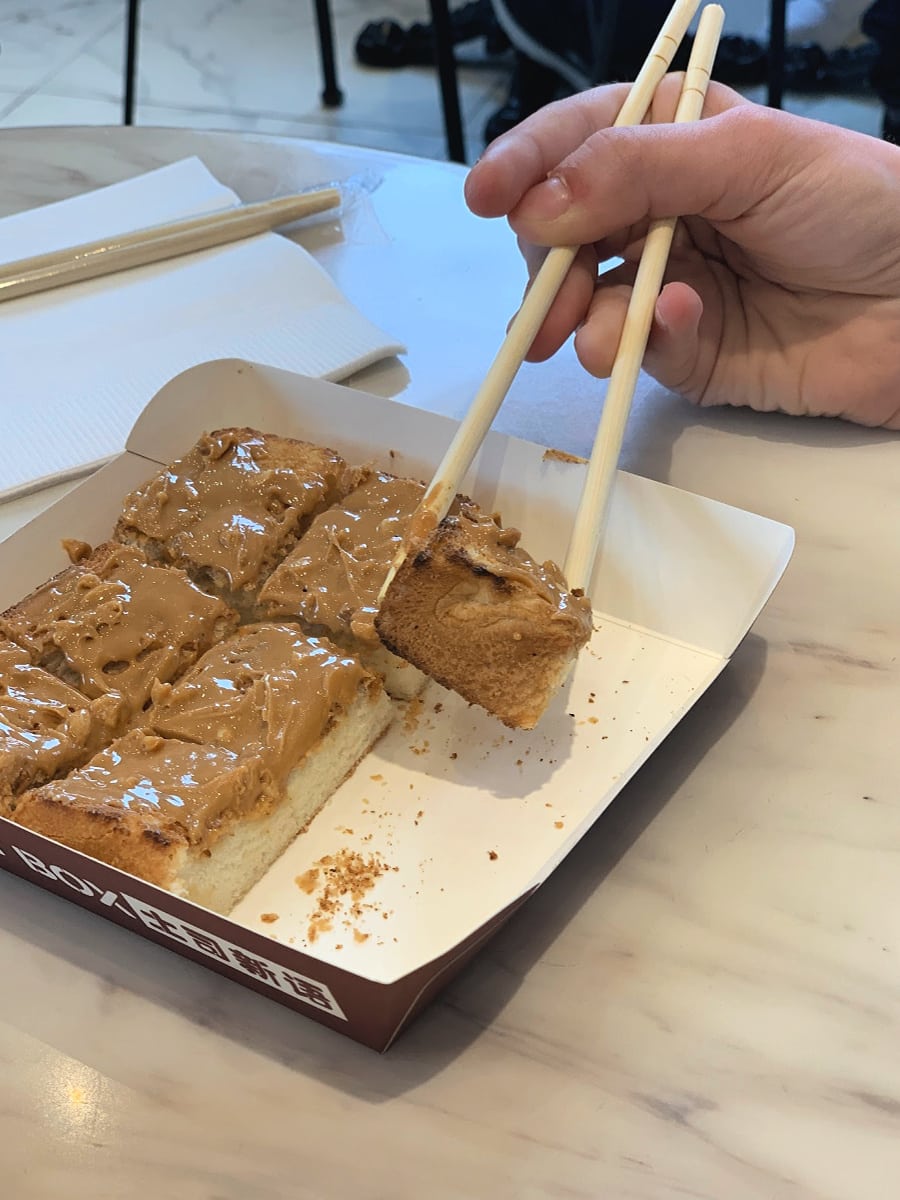 Peanut butter toast with chopsticks at Toast Box in Disneytown Shanghai