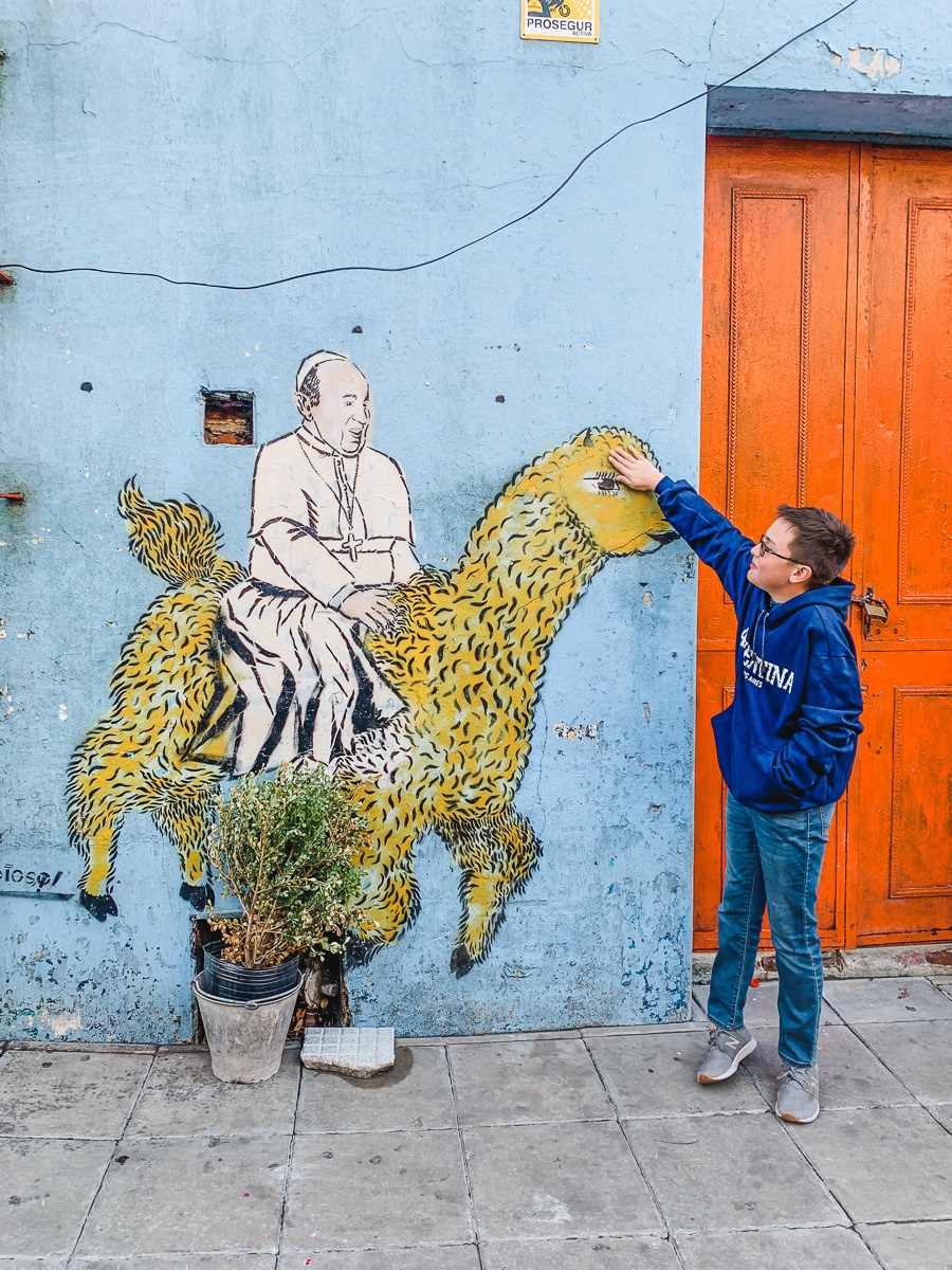 Mural of Pope Francis in La Boca, Buenos Aires with kids