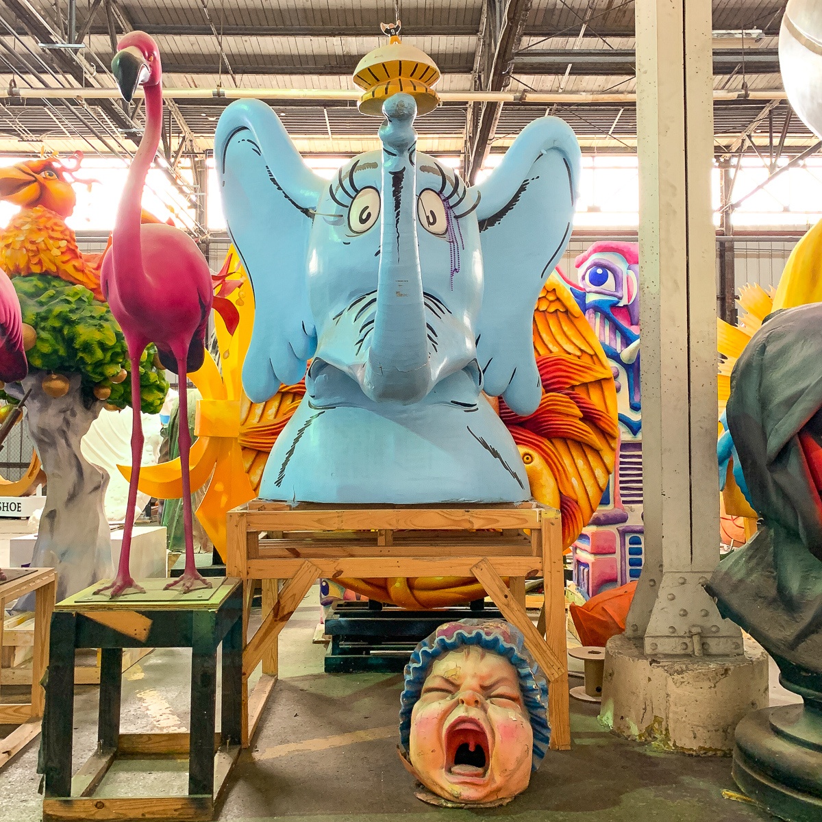 Parade float artistry at Mardi Gras World 