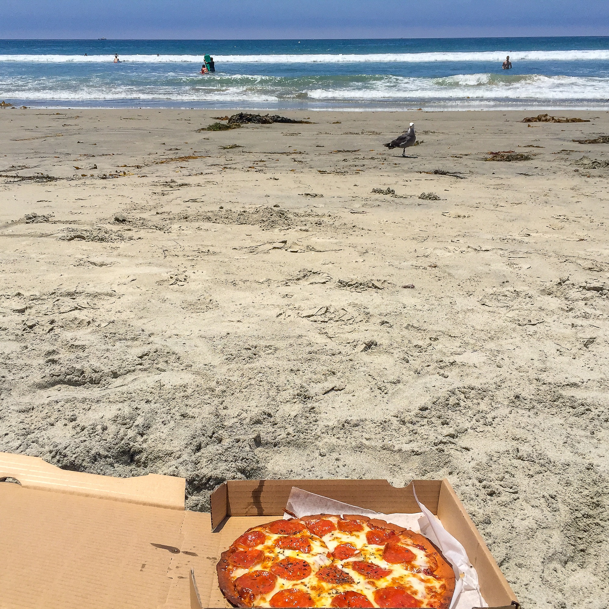 Pizza Port pepperoni pie on the beach