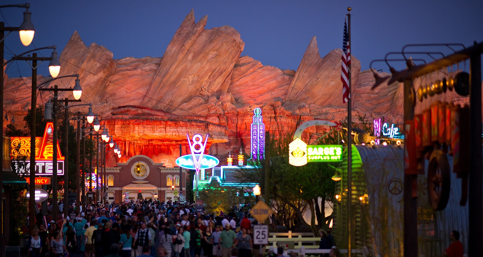 Cars Land at nighttime at Disney California Adventure