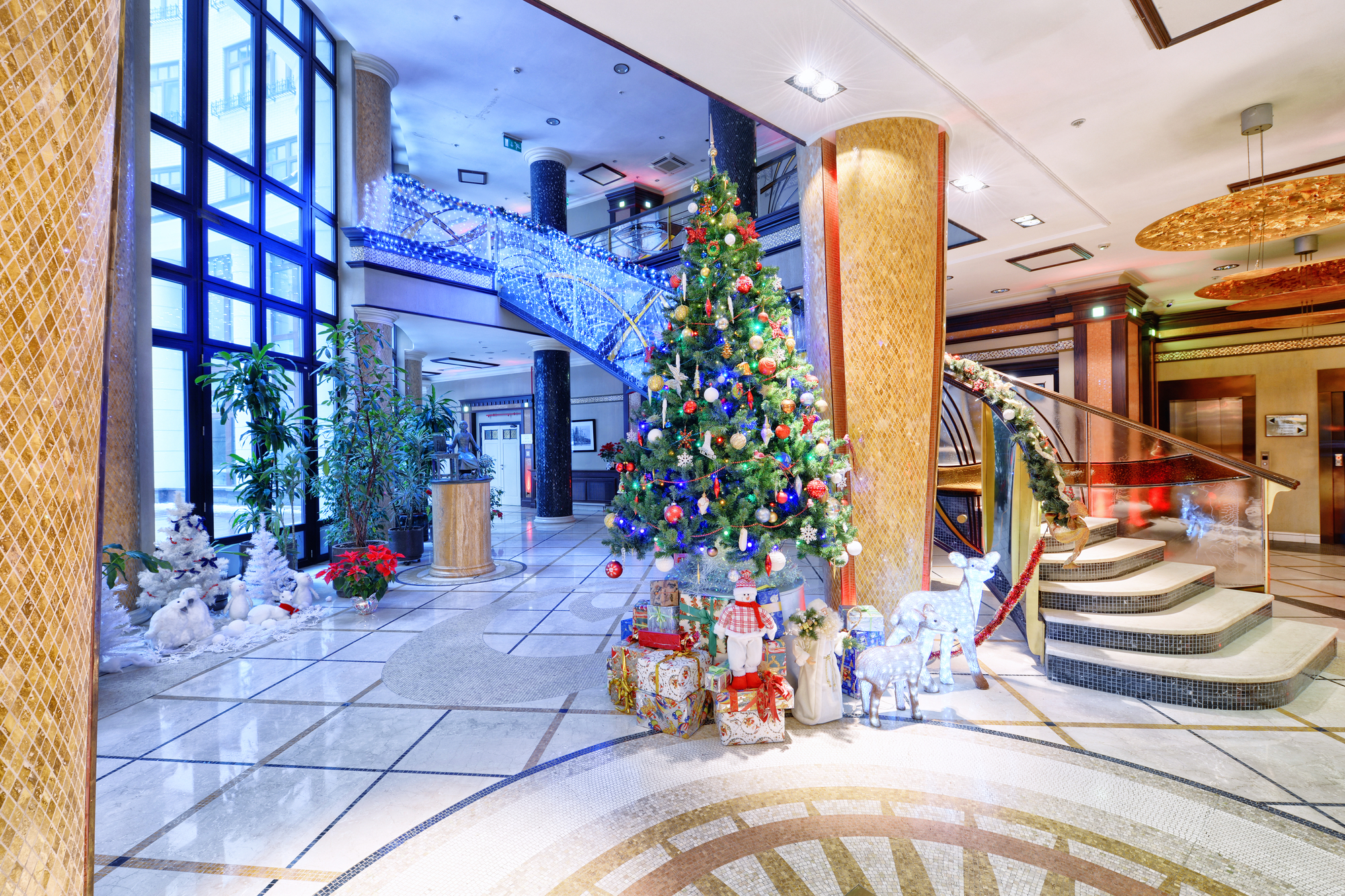 Hotel lobby decorated for the holidays