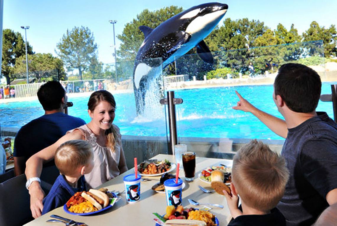 Family dining with orcas at SeaWorld Orlando