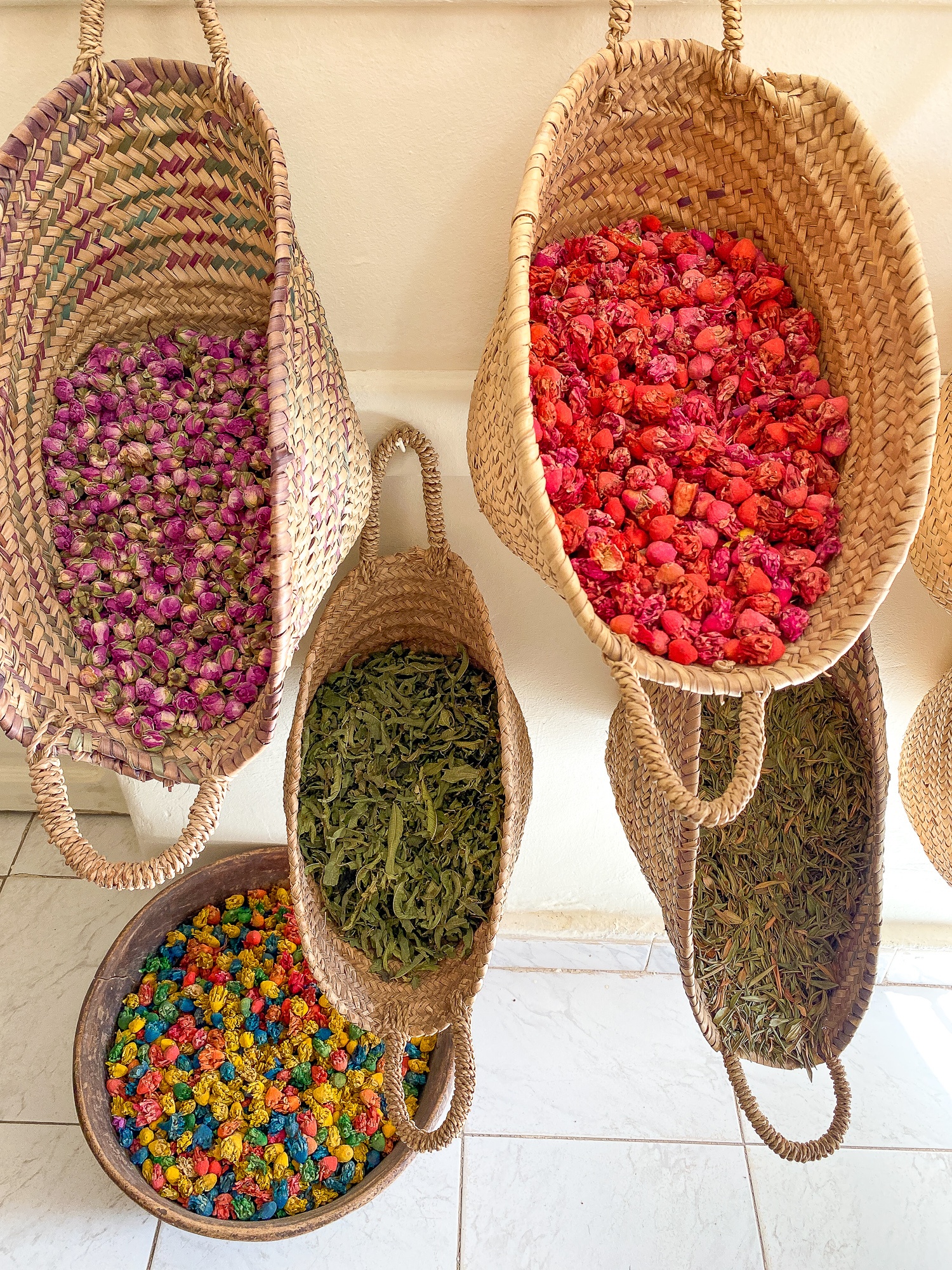 Herbs and spices on display at La Caravane des Épices in Ouarzazate, Morocco