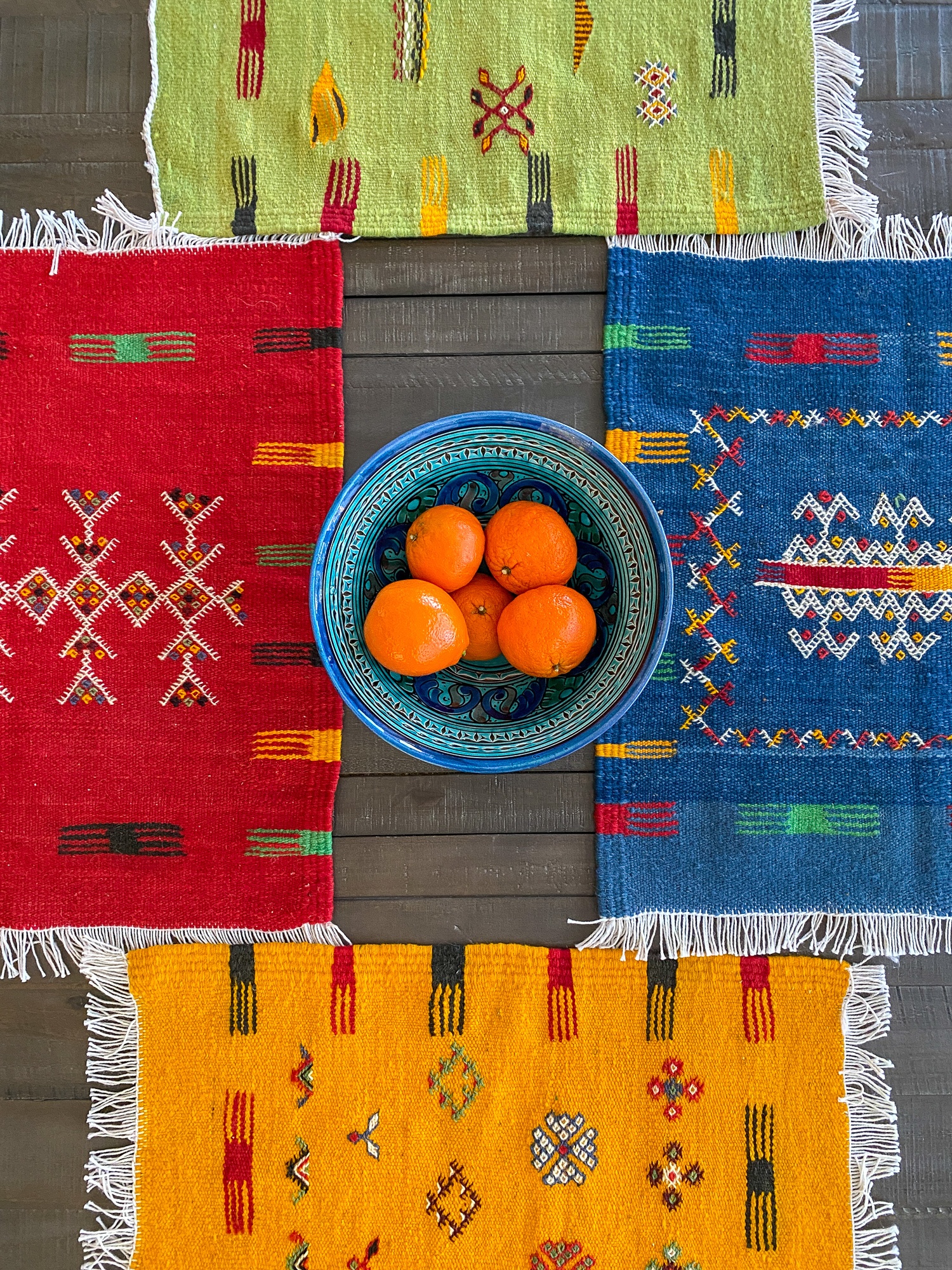 Berber placemats from Aknif Glaoui co-op and ceramic bowl purchased from the souks in Marrakech