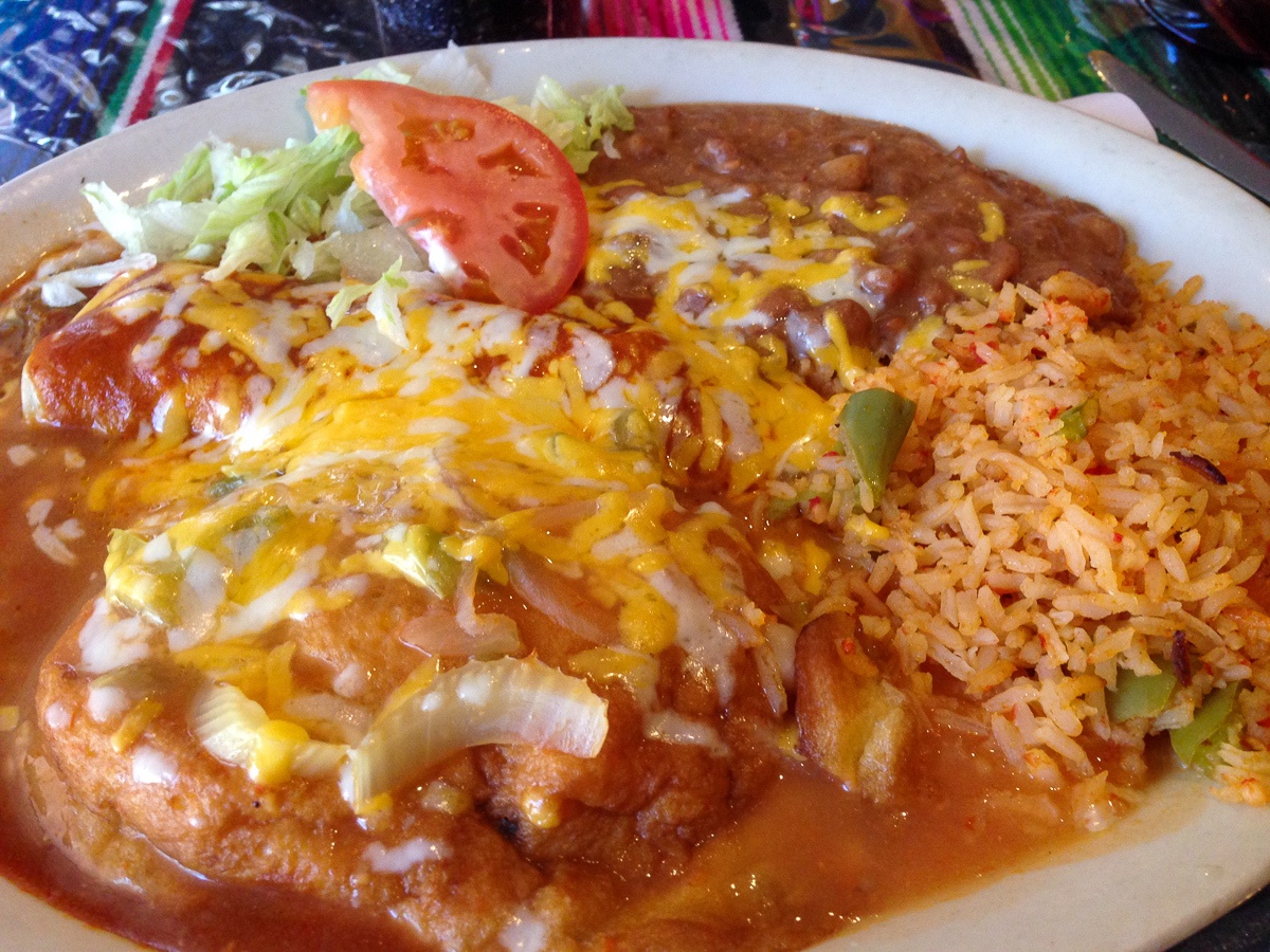 Chile relleno with rice and beans at Carmelita's in Borrego Springs, California