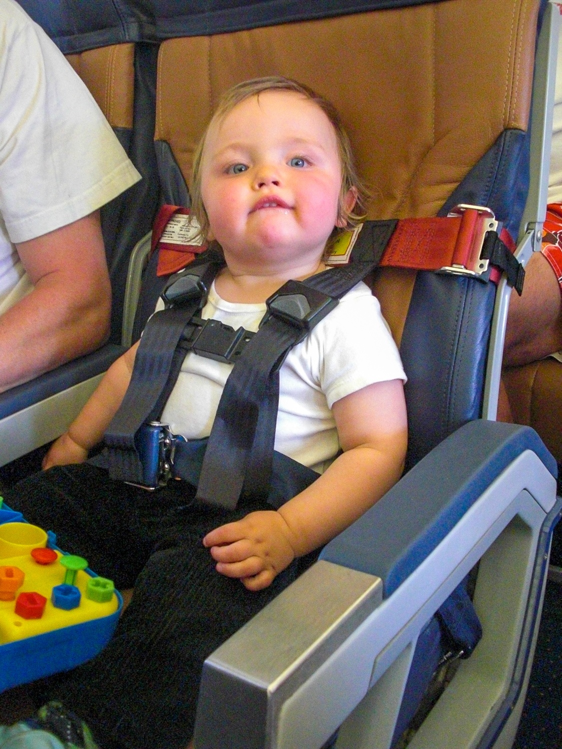 My toddler in a CARES airplane harness 