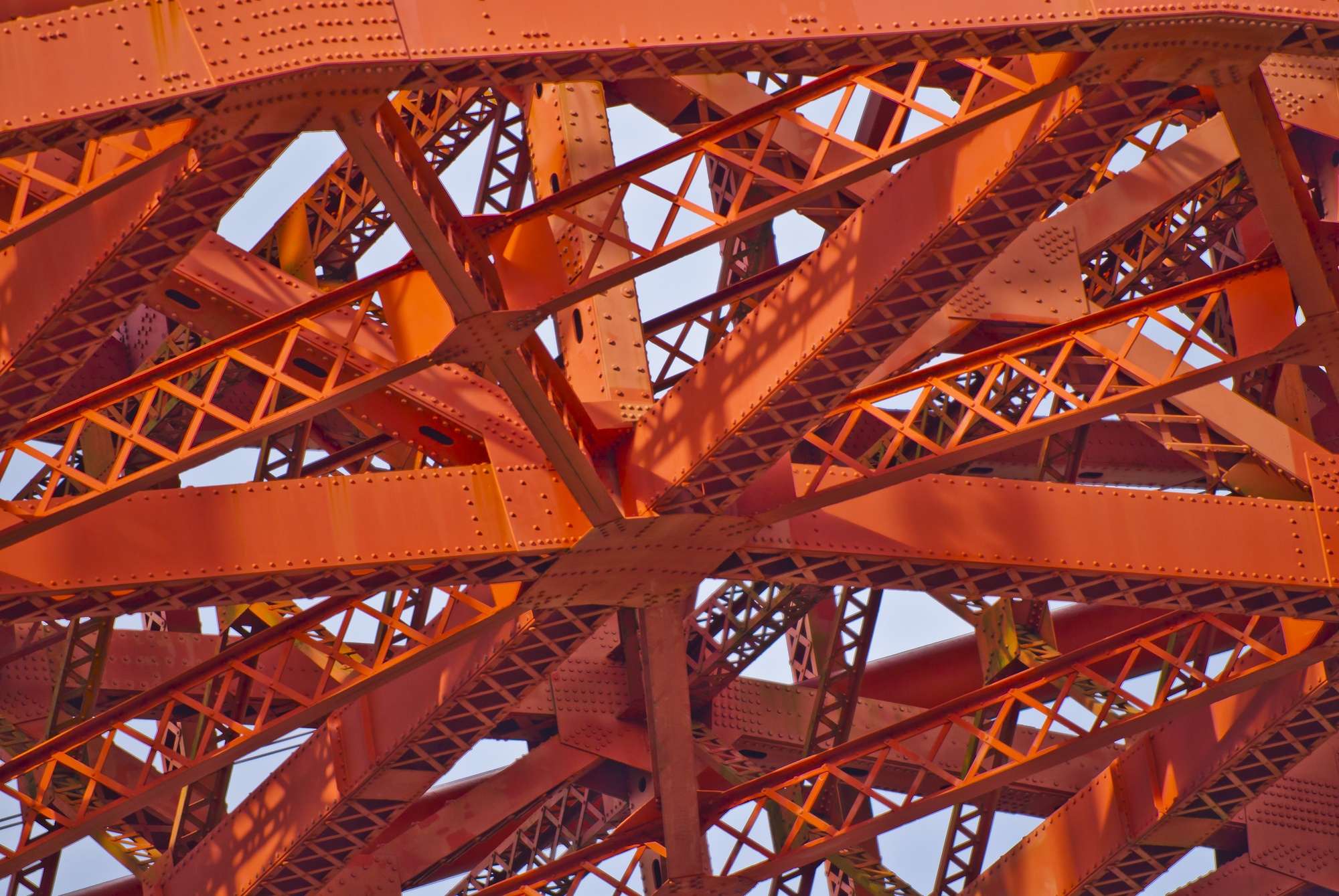 The Golden Gate Bridge's international orange color, up-close