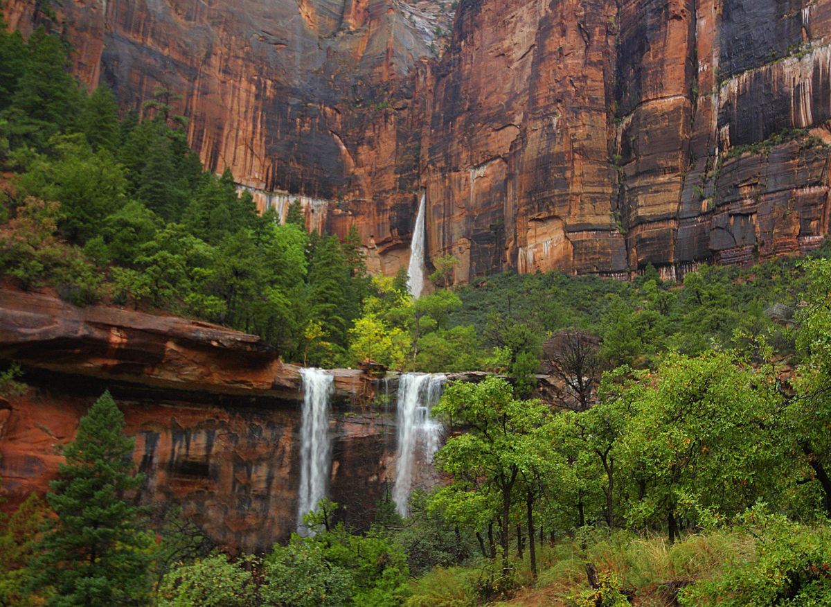 Waterfalls after rain at the Emerald Pools at Zion National Park