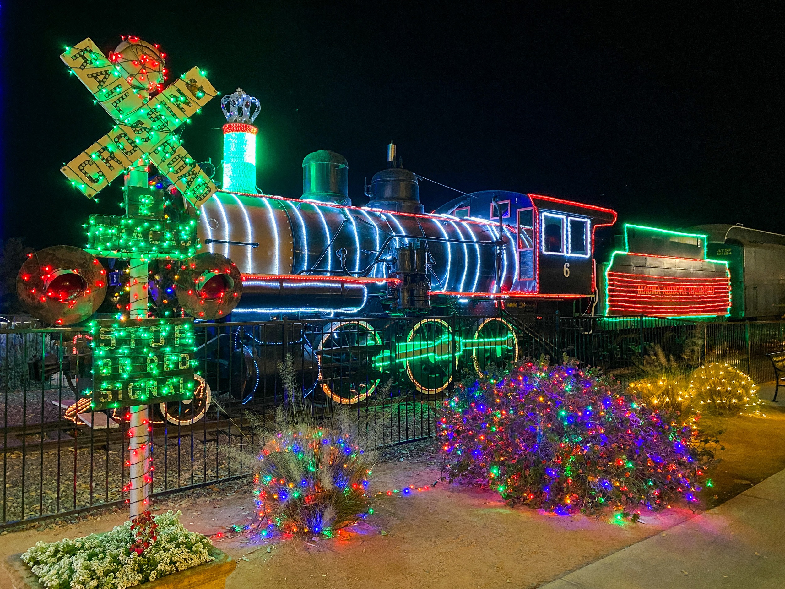 A decorated full-sized train at McCormick-Stillman Railroad Park in Scottsdale, AZ