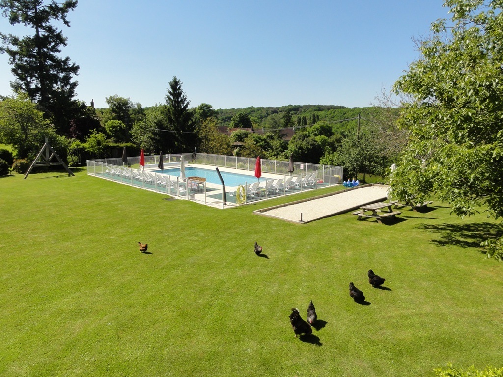 Chickens on the lawn and swimming pool at Le Chèvrefeuille Inn