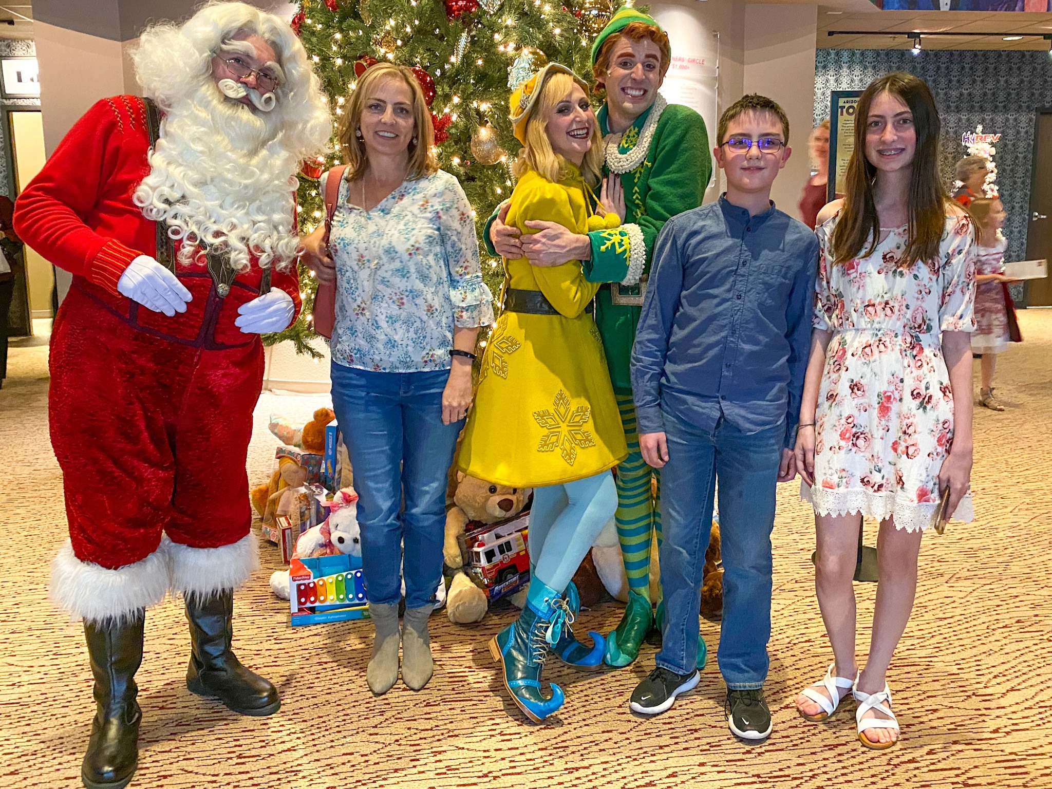 My family with Santa, Buddy the Elf, and Jovie at the 2019 Arizona Broadway Company's Elf the Musical