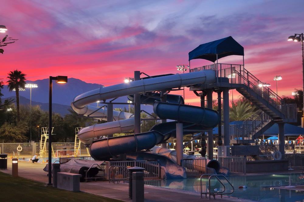 Palm Desert Aquatic Center sunset near Palm Springs