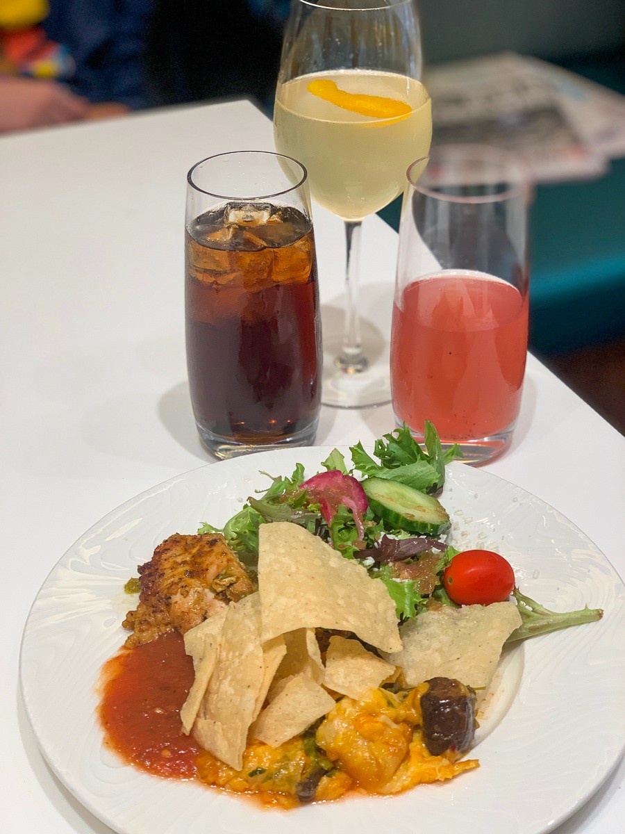 Complimentary food and drinks in an airport lounge