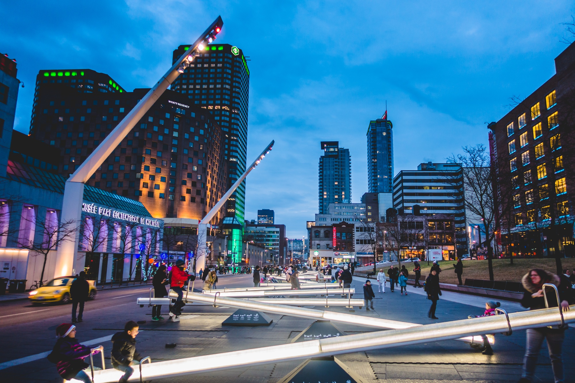 Place Des Arts Square in Montreal with kids