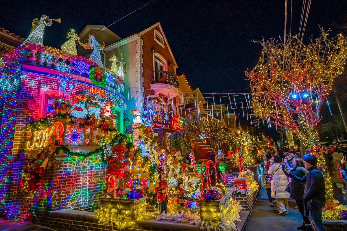 Homes decorated for Christmas in Dyker Heights