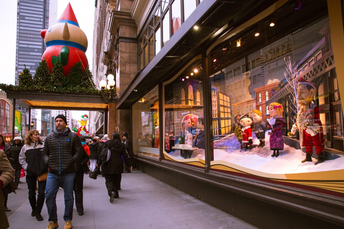 Holiday window display at Macy's in New York City at Christmas