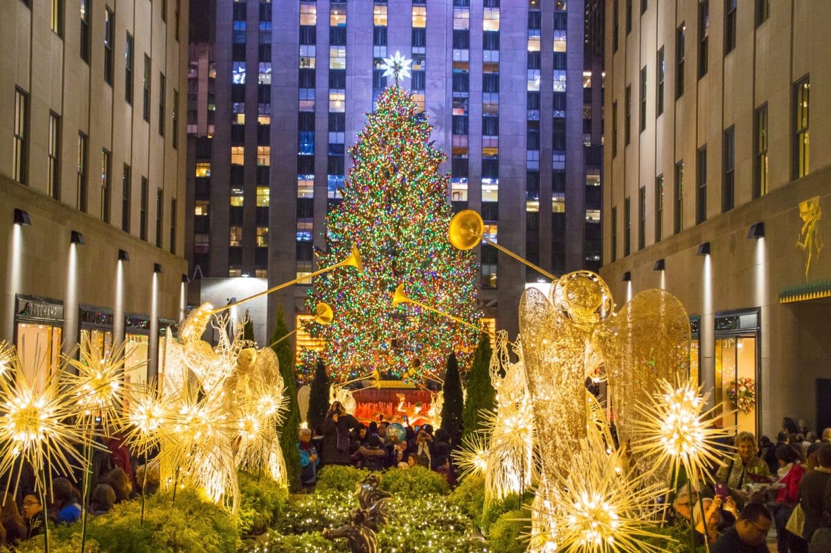 Glowing angels leading up to the Rockefeller Christmas tree