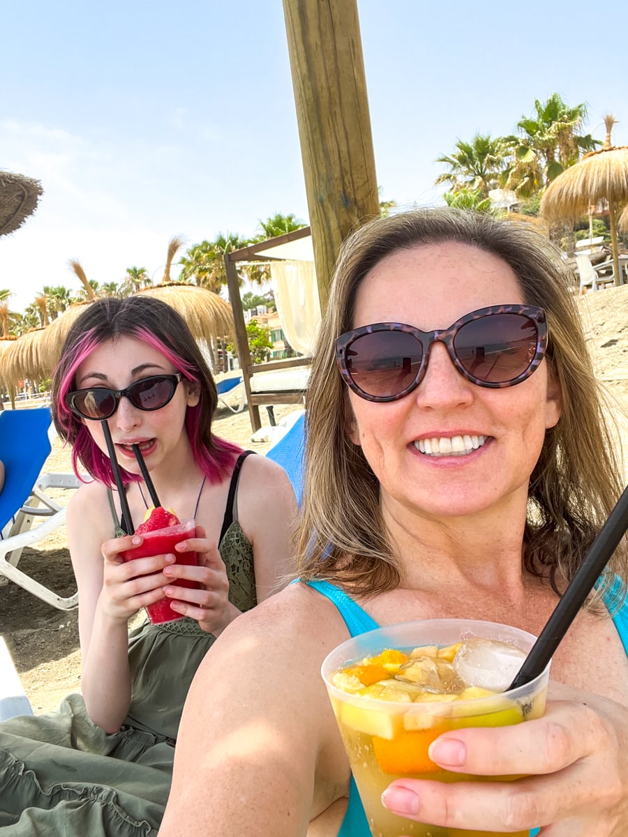 White sangria and strawberry daiquiri on Malagueta Beach in Malaga