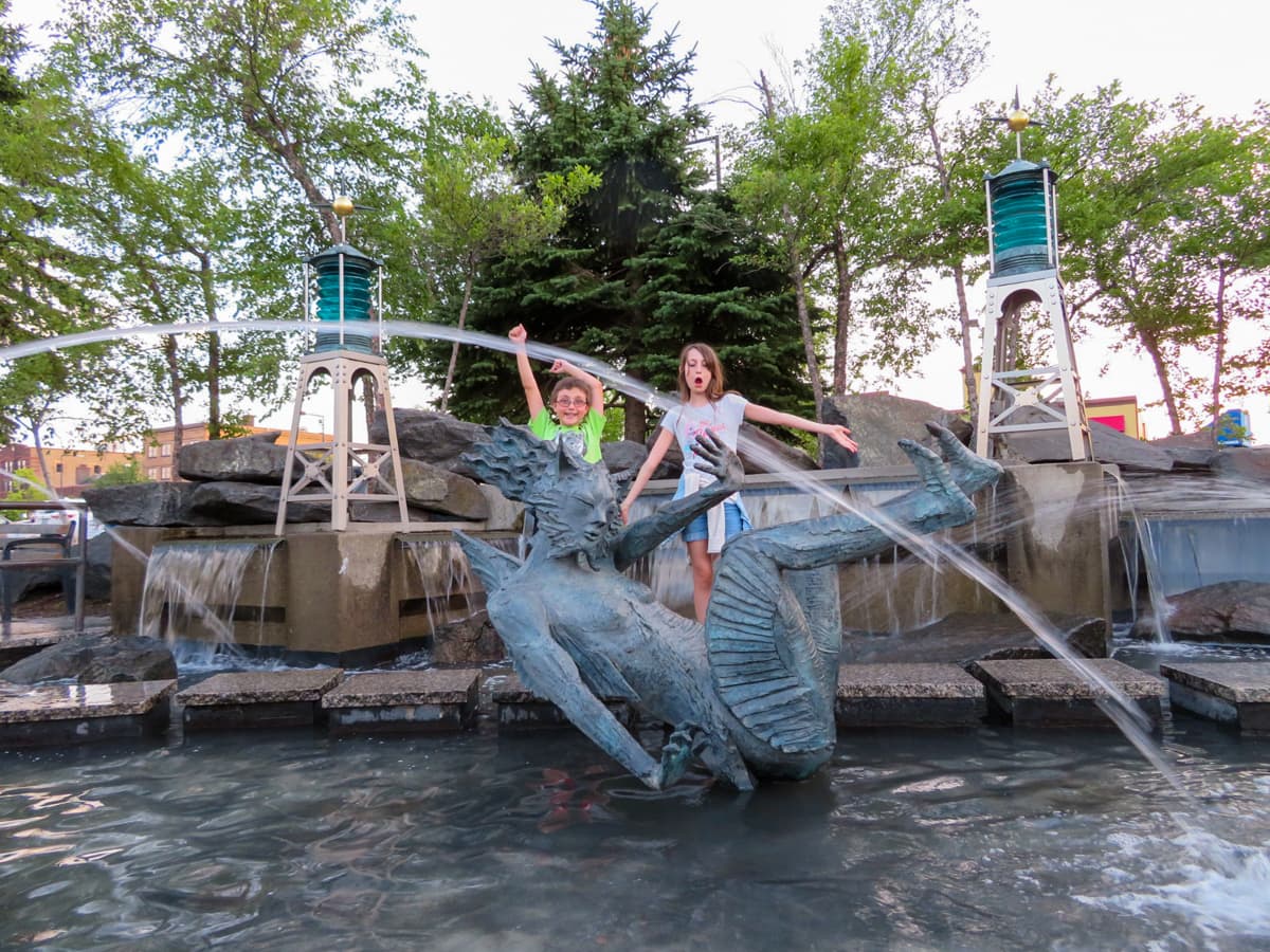 Fountain of the Wind in Canal Park in Duluth with kids