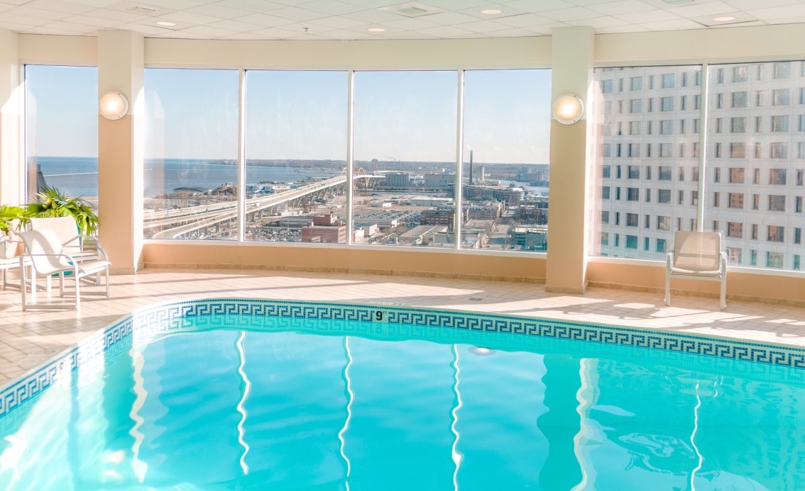 The Pfister Hotel's indoor pool with a view of Lake Michigan