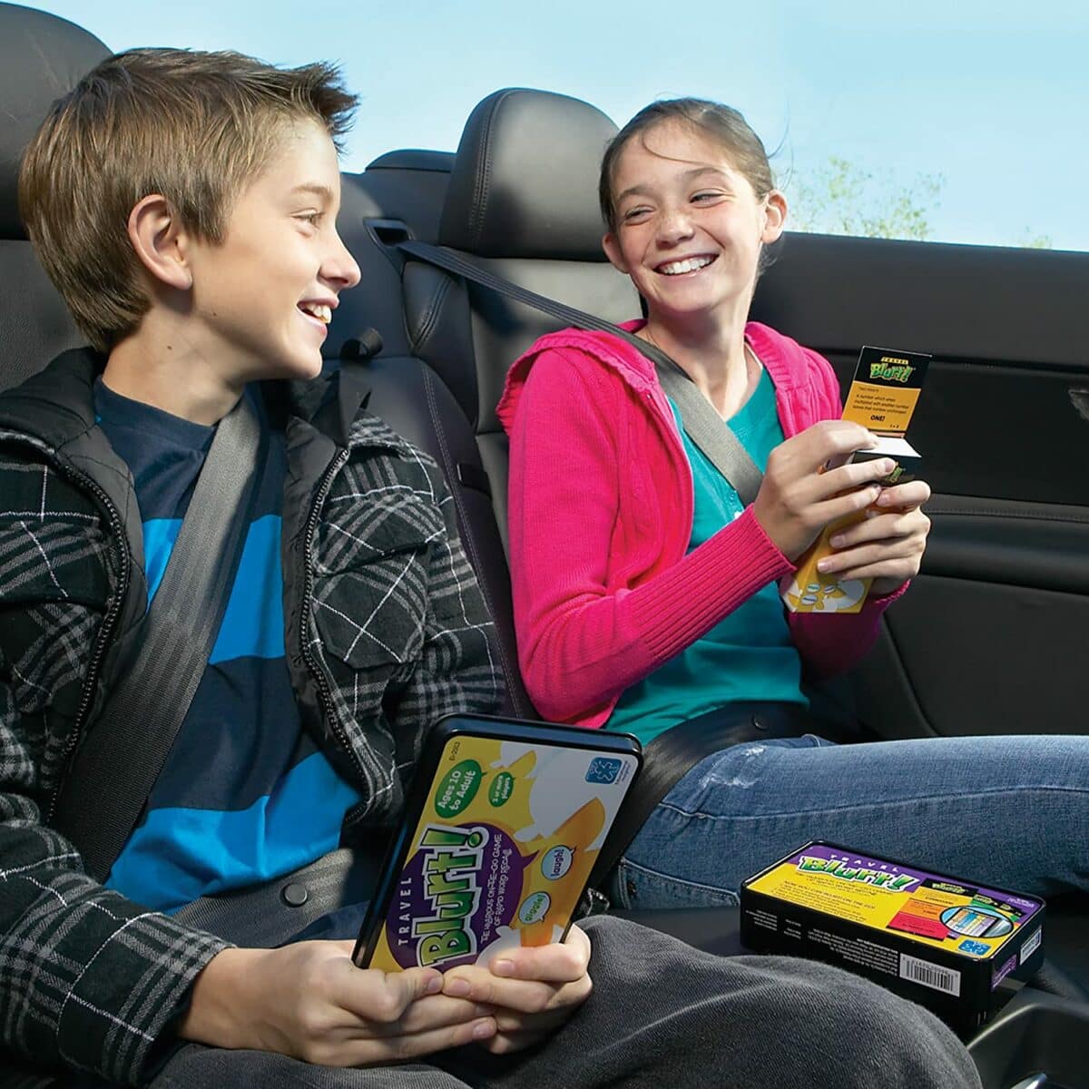 Kids playing Travel Blurt on road trip